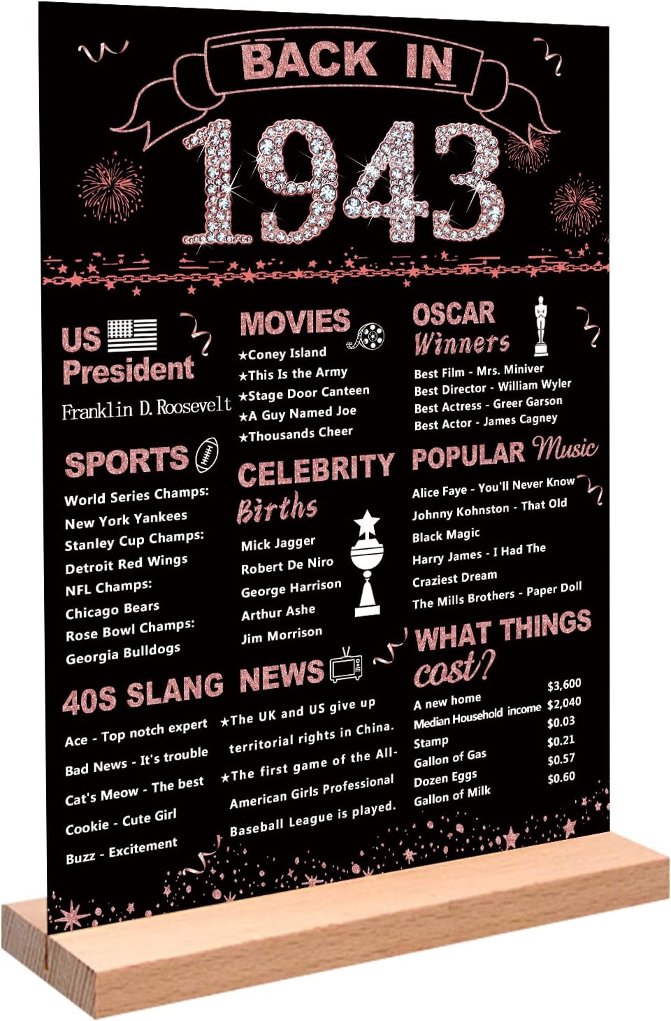 Wall Décor - DARUNAXY Rose Gold 80th Birthday Gift for Women, One-sided Back in 1943 Poster Acrylic Sign with Stand for Girl 80 Year Old Birthday Party Decoration Vintage 1943 Party Supply 80th Class Reunion Decor