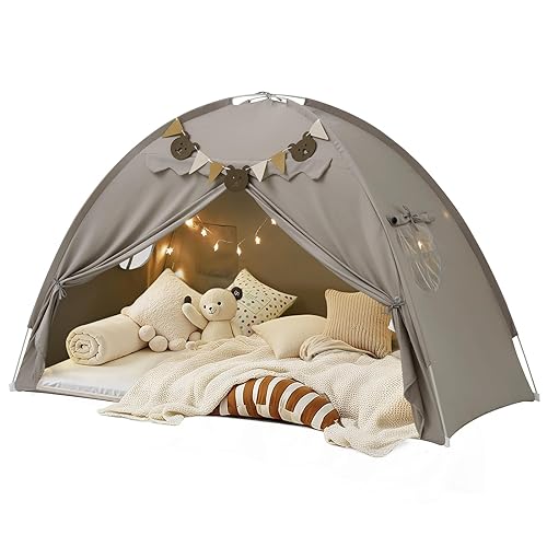 Twin Bed Tent, Bed Canopy Bunk Bed Tent with Stars Lights & Flags, Breathable Sleeping Tent, Privacy Space Dream Playhouse for Indoor Bedroom Floor, Portable Foldable Play Tent with Storage Bag, Grey