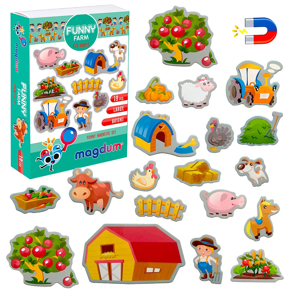 Funny Farm Animal Magnets for Kids - Magdum - 19 Large Fridge Magnets - Cute Farm Animals Learning Toy for Toddlers - Educational Preschool Play Set - Strong Durable Safe Magnets - Gift
