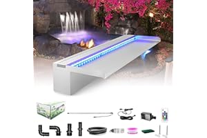 LONGRUN Pool Fountain Stainless Steel Outdoor Pond Spillway Waterfall with Wider Water Flow Platform Multi-Color LED Light Spray Indoor Waterfall Fountains for Garden-23.6" x 8" x 3.94"(W x D x H)