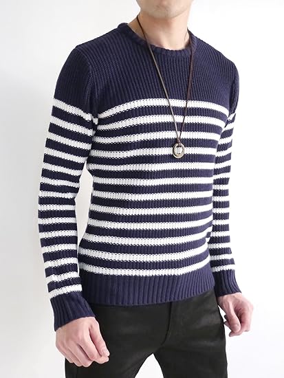 Amazon オークランド Oakland パネルボーダー ニット セーター 7g クルーネック スプリング 細身 シルエット メンズ ネイビー ホワイト 厚手 Mサイズ セーター 通販