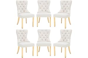 civama Dining Chairs Set of 6, Elegant Luxury Velvet Tufted Dining Chairs Golden Legs & Nailhead Trim, Back Lion Head Pull Ring & Rhomboid Pattern, Nikki Collection Armless Kitchen Chair, Beige