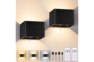 YOCHOICE Motion Sensor Wall Sconces with Remote Control, 6000mAh Black Wireless Touch Control Rechargeable Wall Lamps with 3 Color Temperatures, LED Up Down Battery Operated Wall Lights Indoor, 2-Pack