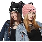 Panitay 2 Pcs Sequin Cat Ears Beanie Cute Winter Cat Ear Hat Warm Pink Beanie Hat Ski Pink Crochet Knit Cap for Women