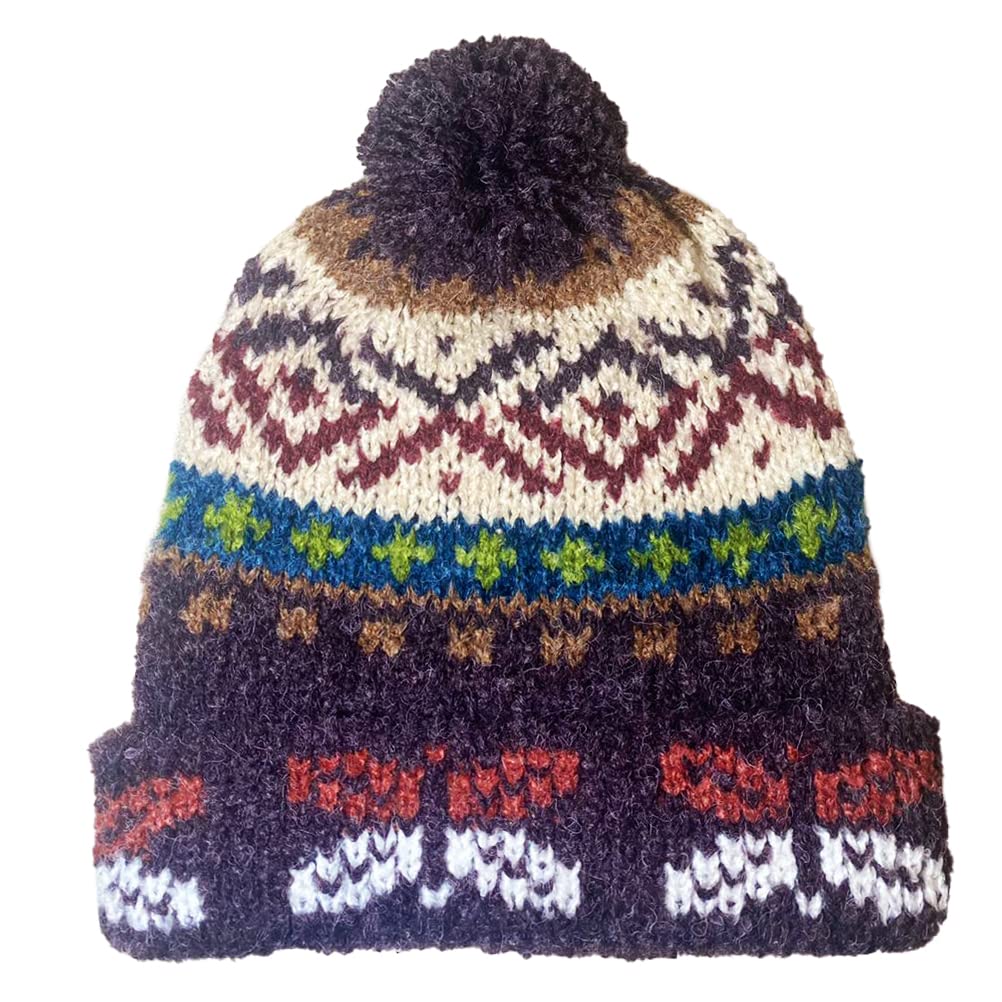 Photo 1 of TINKUY Peru Geometric Pom Pom Beanie, Authentic Peruvian Alpaca Woolen Bobble Hats for Men and Women, Unisex, One Size, Purple