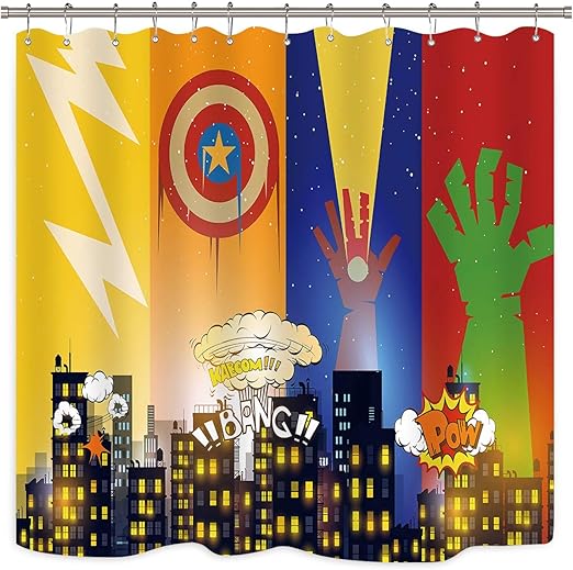 Amazon Com Riyidecor Superhero Shower Curtain Cartoon Cityscape