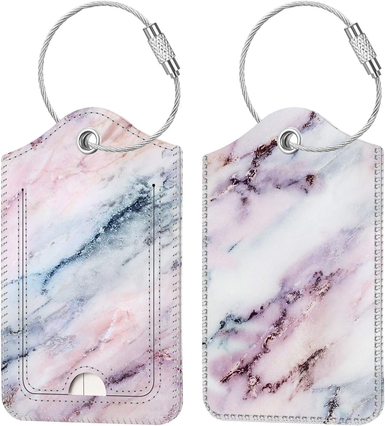  | 2 Pcs Luggage Tags, Fintie Privacy Cover ID Label with Stainless Steel Loop and Address Card for Travel Bag SuitcaseMarble Pink) | Luggage Tags
