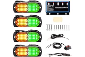 BooYu 4-pcs Sync Feature LED Emergency Strobe Lights Ultra Slim Grille Surface Mount Flashing Warning Hazard Light Bar w/Controller for Police, Firefighter, Trucks, Vehicles, Car (Amber/Green)