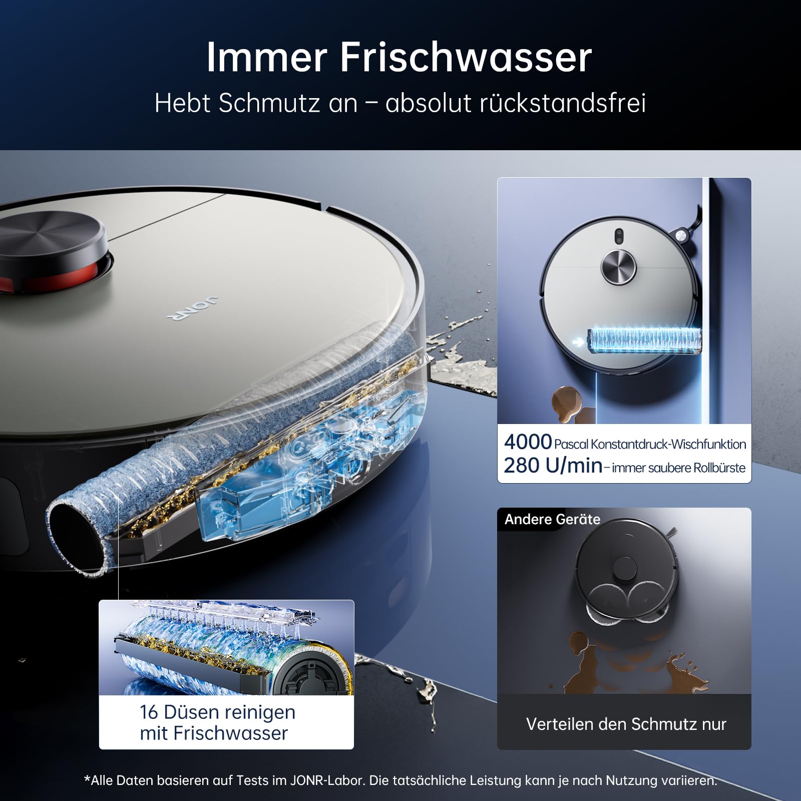 JONR 20000 Pa X9 PRO Roller Wischwalze Saugroboter mit Wischfunktion, Kontinuierlicher Frischwasser-Selbstreinigung, Moppwäsche mit 40-75℃ Heißem Wasser, KI-Hindernisvermeidung. (M) 3