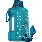 AQUAFIT Half Gallon Water Bottle with Time Marker - Straw & Chug Lid - BPA Free Gym Water Bottle with Straw - Big Gallon Jug (Aqua, 64 oz - 2in1 Lid)