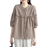 SOMTHRON Women's Casual Plaid Button Down Shirts Ruffle Trim Loose Fit 3/4 Sleeve Checkered Blouses Tops