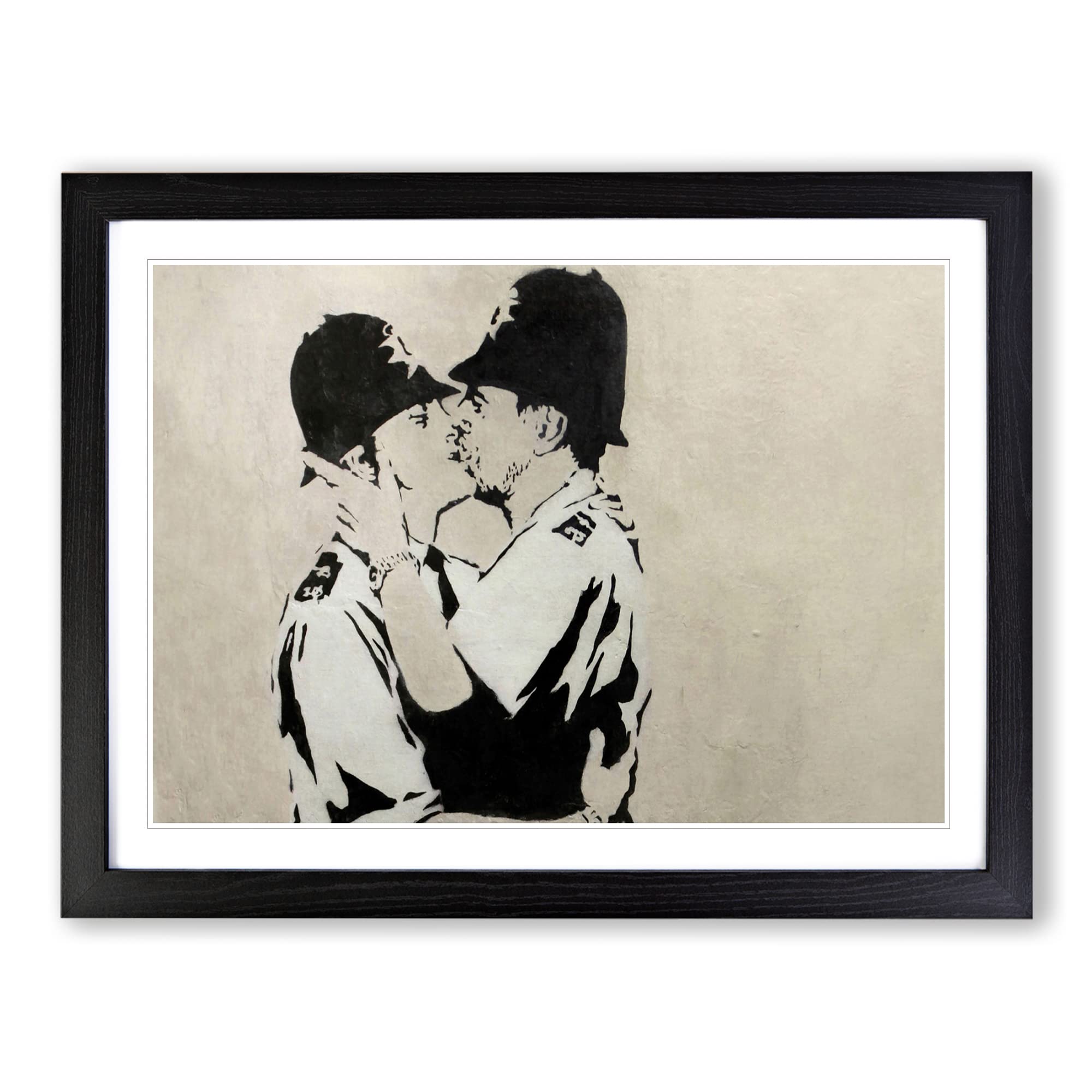 Banksy Kissing Police Policeman Graffiti Wall Art Modern Framed Wall Art Print, Ready to Hang Picture for Living Room Bedroom Home Office Décor, Black A3 (46 x 34 cm)