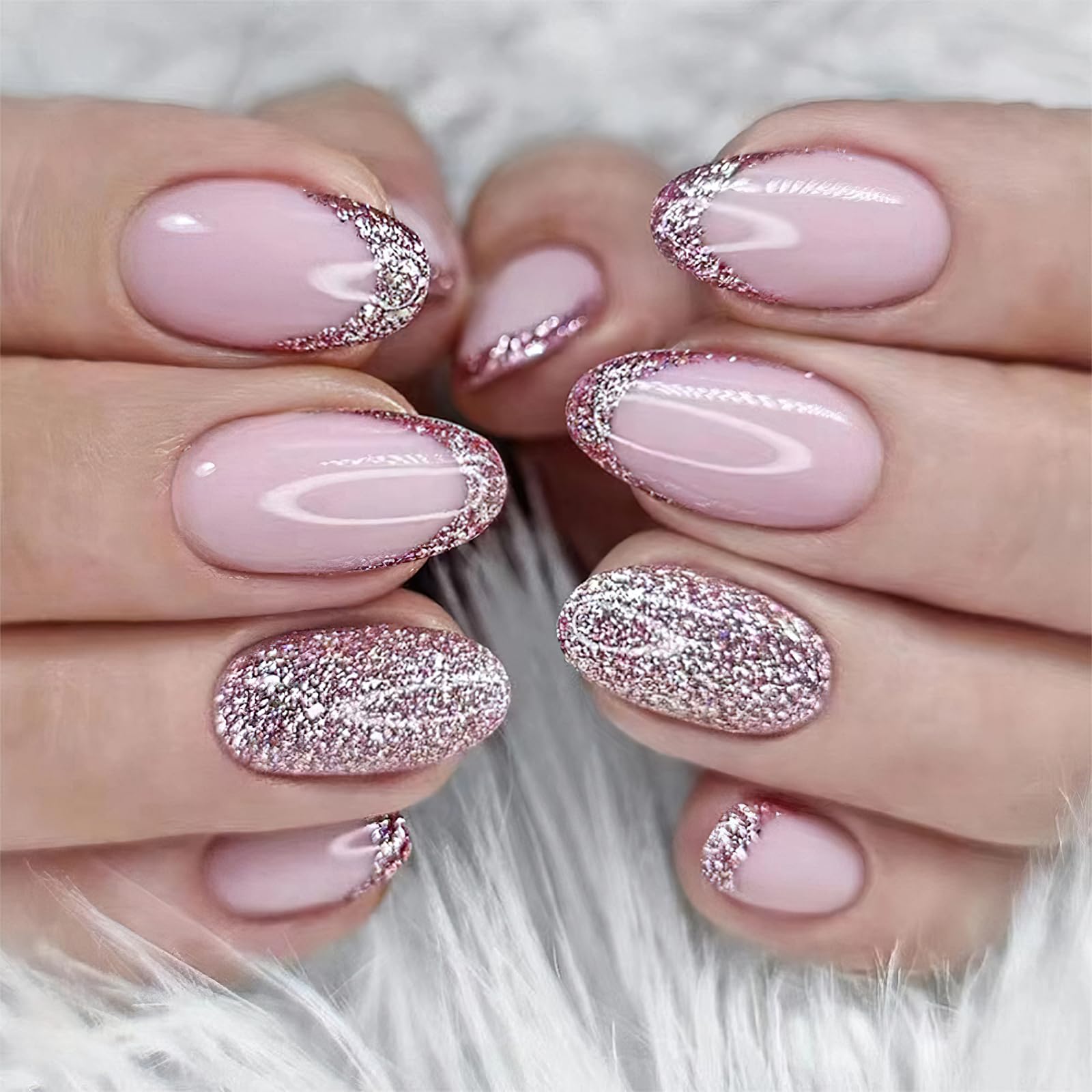 Photo 1 of ROFIBUT Pink French Tip Press on Nails - Short Almond Glossy Full Cover Glue on Nails with Pink Glitter Design - Oval Reusable Coffin False Nails for Women Girls Manicure - 24Pcs