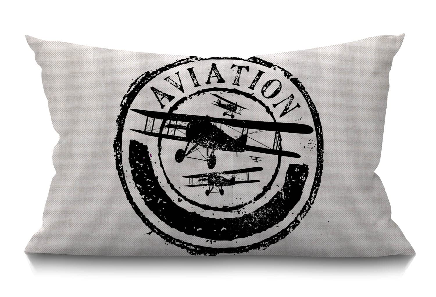 BGBDEIA Airplane Cushion Cover 30 x 50 cm Stamp Design with Word Aviation and Airplane Rectangle Pillow Cases Home Decorative Cotton Linen Throw Pillow Cover for Bed Sofa Black White 12x20 Inch