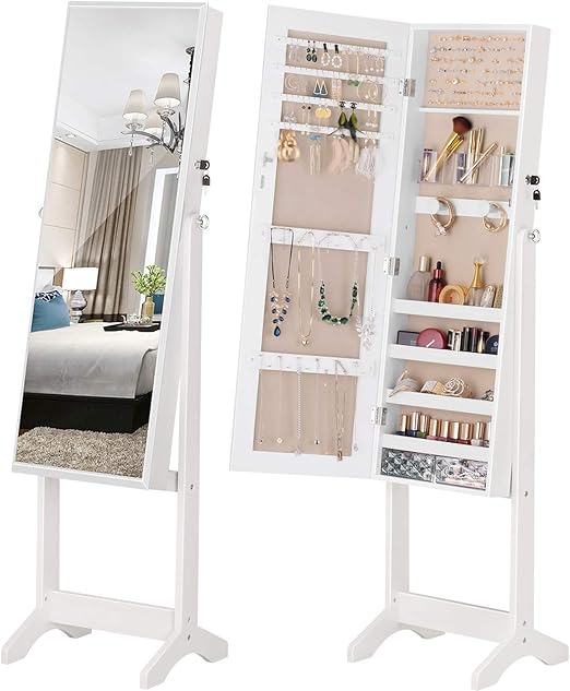 Amazon Com Luxfurni Jewelry Cabinet Standing Mirror Full Length Makeup Lockable Armoire Large Cosmetic Storage Organizer W Brush Holder White Home Kitchen