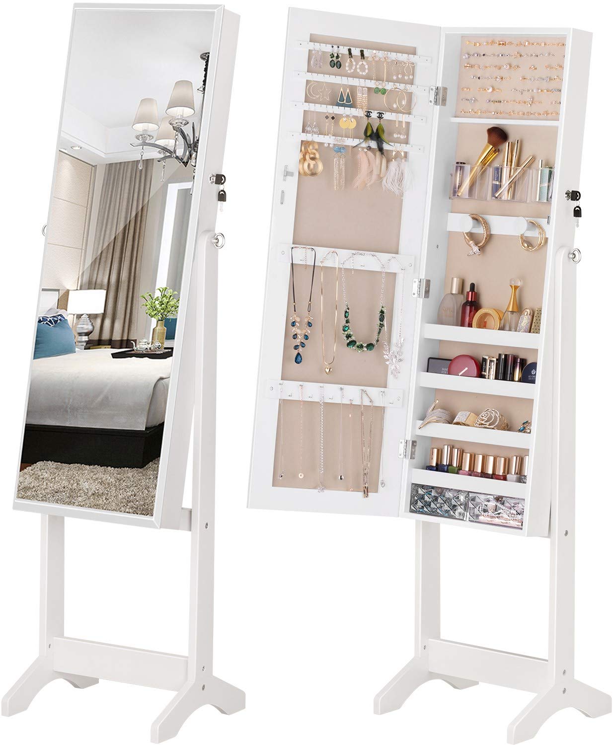 LUXFURNI Jewelry Cabinet Standing Mirror Full Length Makeup Lockable Armoire, Large Cosmetic Storage Organizer w/Brush Holder White