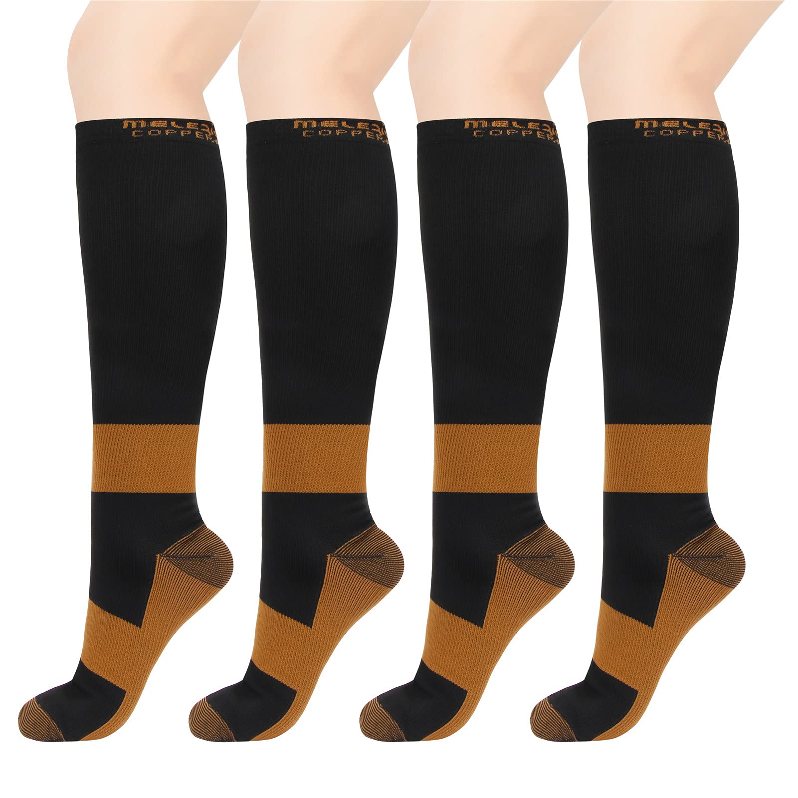 MELERIO 4Pairs Compression Socks for Men&Women(15-20 mmHg) Best Copper Circulation Socks for Running,Edema Varicose Veins, Shin Splints, Flying, Travel, Pregnancy, Nurses,to Help Reduce Swelling