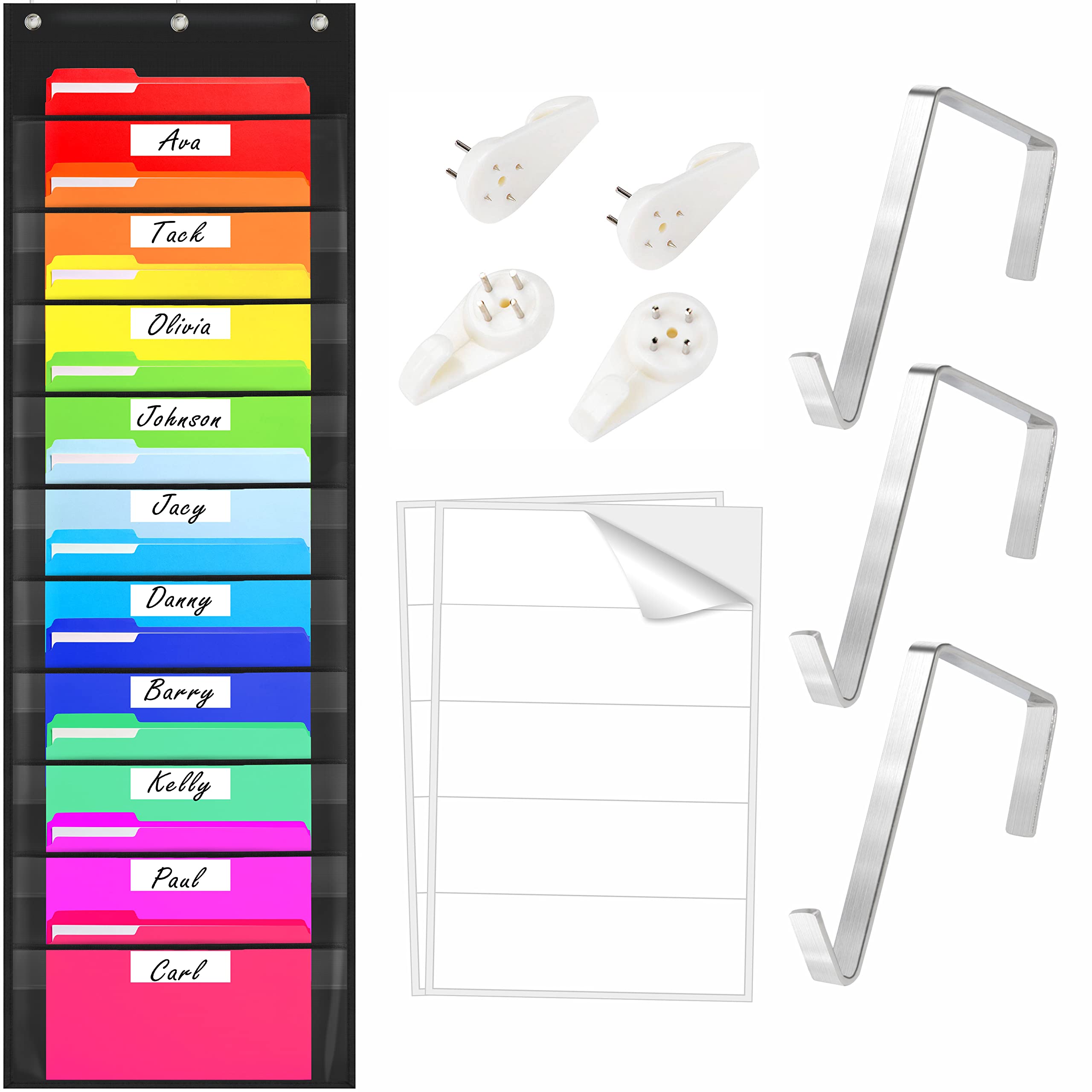 Storage Pocket Chart, Heavy Duty Wall File Organization Folder with 10 Clear File Pockets, 10 Blank Name Stickers Plus 3 Metal Hangers & 4 Hooks for Files, Bills, Classroom & Office (Black, 14” X 47”)