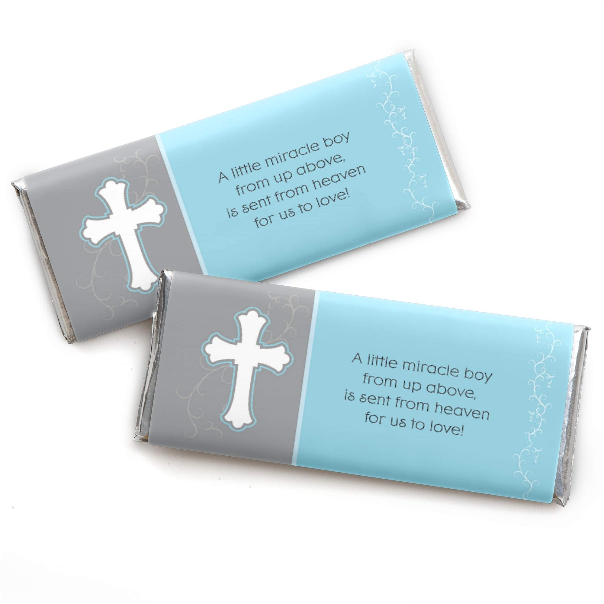 Little Miracle Boy Blue & Gray Cross - Candy Bar Wrapper Baptism or Baby Shower Favors - Set of 24
