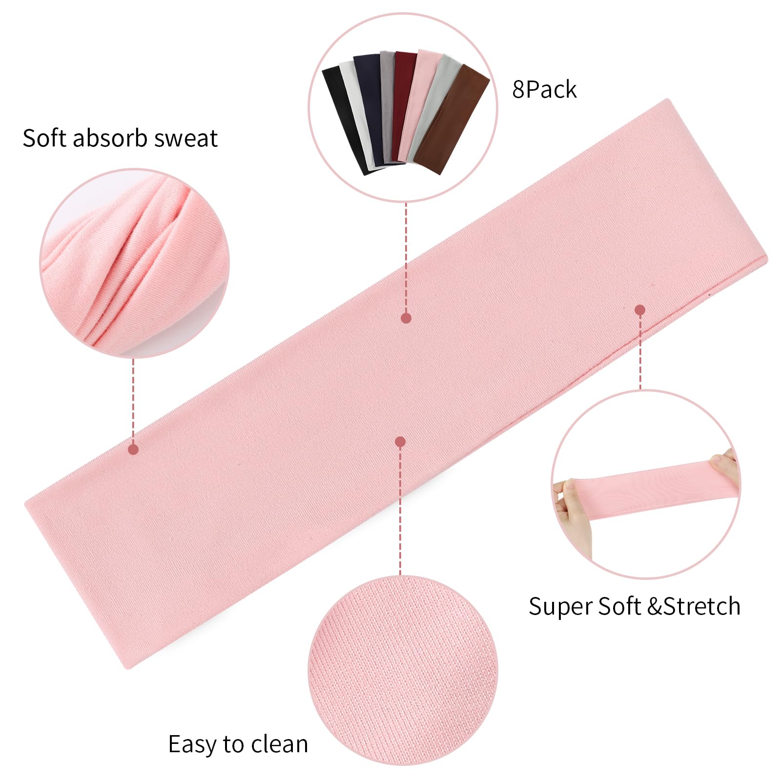 8 Pack Sport Headbands for Women, Elastic Soft Fabric Non-Slip Hair Bands Hair Warp for Daily Workout Yoga Running Sports