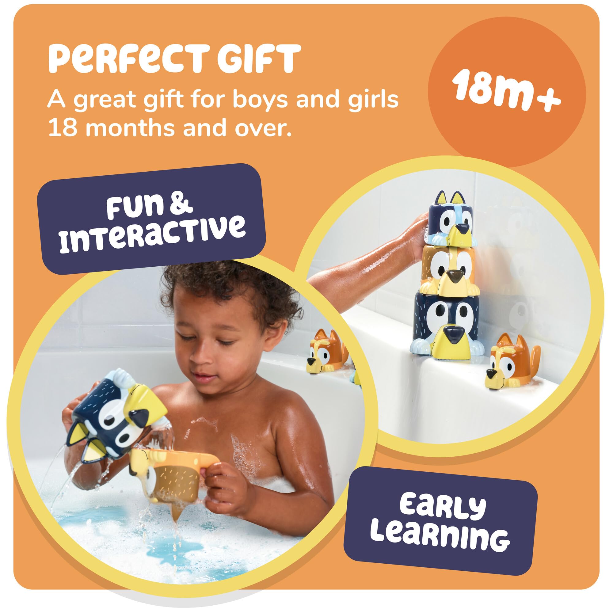TOMY Toomies Bluey Bath Toys - Bluey's Family Pourers - Includes Chilli, Bandit, Bingo and Bluey Figures - Nesting and Stacking Cups for Bath, Beach or Pool - 4 Count - Ages 18 Months and Up