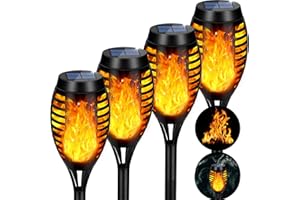 AOUNQ Solar Lights Outdoor Waterperoof Upgraded, 4Pack Solar Tiki Torches with Flickering Flame, 12LED Mini Solar Garden Ligh