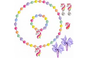 Klorify Handmade Unicorn Kids Jewelry Set for Little Girls - Elastic Necklace Bracelet - Clip On Earrings - Adjustable Rings - Bow Hair Clips - Birthday Dressup Childrens Costume w/Box Bags
