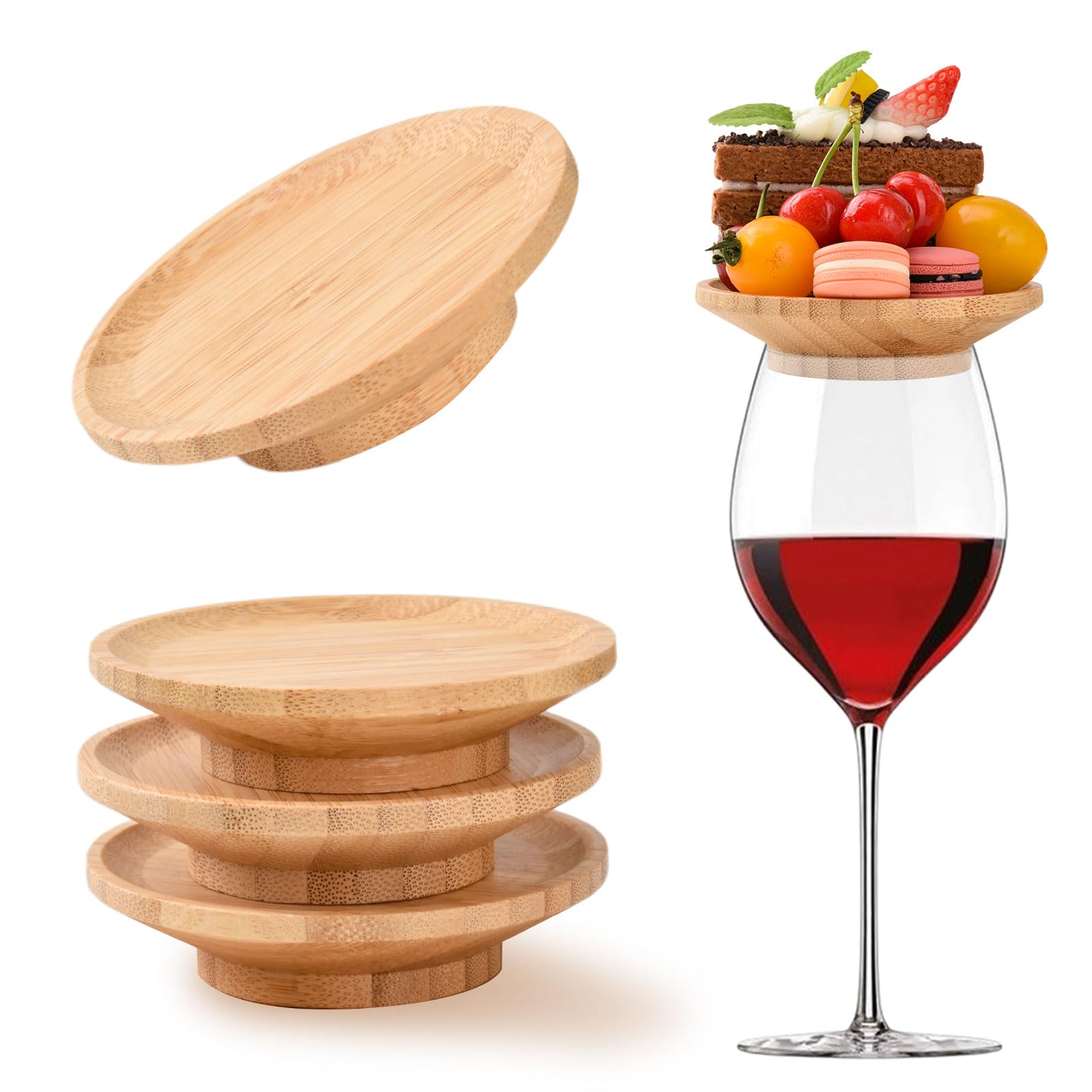 MGYHWJA 4 Pcs Wine Glass Charcuterie Topper, Bamboo Wine Glass Board Topper Coasters, Appetizer Plates Desserts, Family Gatherings, Restaurants, Bars