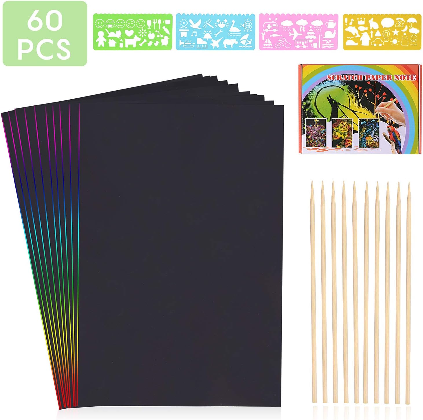 HellDoler Scratch Art,60 Sheets Scratch Paper Scratch Notebook Rainbow Scratch Sheets Scratch Art Pad with 4 Drawing Template Stencil Rulers and 6 Wooden Styluses (60PCS)