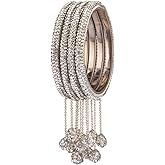 Efulgenz Crystal Bangle Bracelet Rhinestone Indian Bangle Set with Beaded Hanging Tassels Charms Bridal Rhinestone Bracelet Wedding Party Fashion Jewelry Set for Women