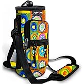 ARTSO Water Bottle Carrier Bag with Phone Pocket, Neoprene Sleeve Water Bottle Holder Sling Bag Pouch with Adjustable Strap 25/32/40/64 oz for Walking Hiking Camping Gym(32oz, Colorful Plaid Circle)
