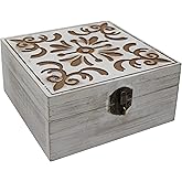 CVHOMEDECO. Rustic Wooden Decorative Box Vintage Wood Storage Box with Lid and Hinged Square Stash Boxes for Photos, Jewelry, Keepsake and Gifts. White
