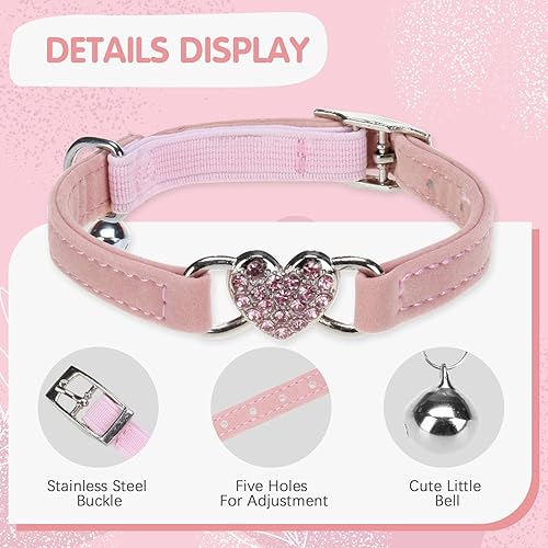 BINGPET Diamond Cat Collar,Adjustable Soft Velvet Leather Safe Kitten  Collar with Crystal Heart Charm and Bell