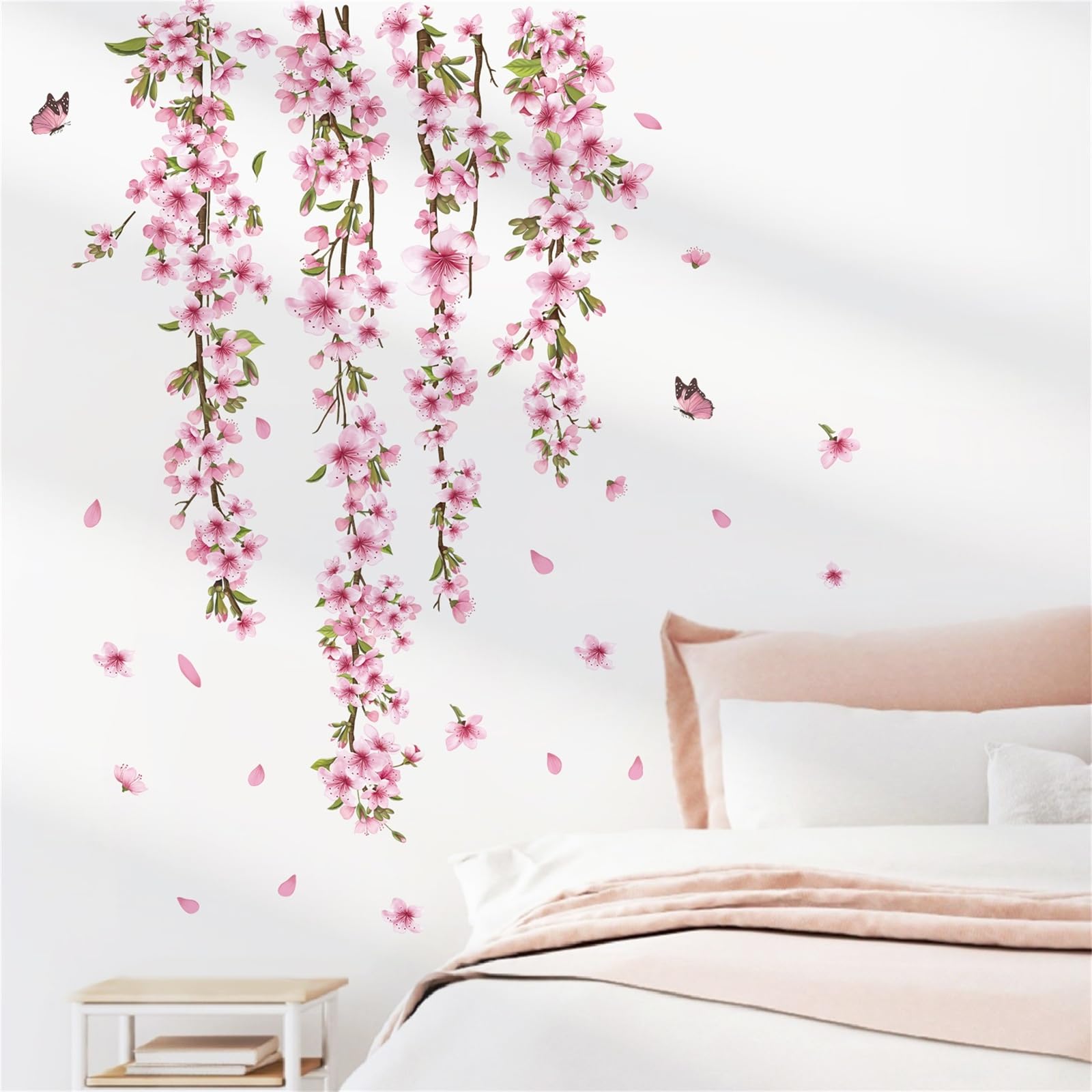 decalmile Hanging Blossom Flower Vine Wall Decals Pink Flower and Leaves Wall Stickers Bedroom Living Room Sofa TV Background Wall Decor