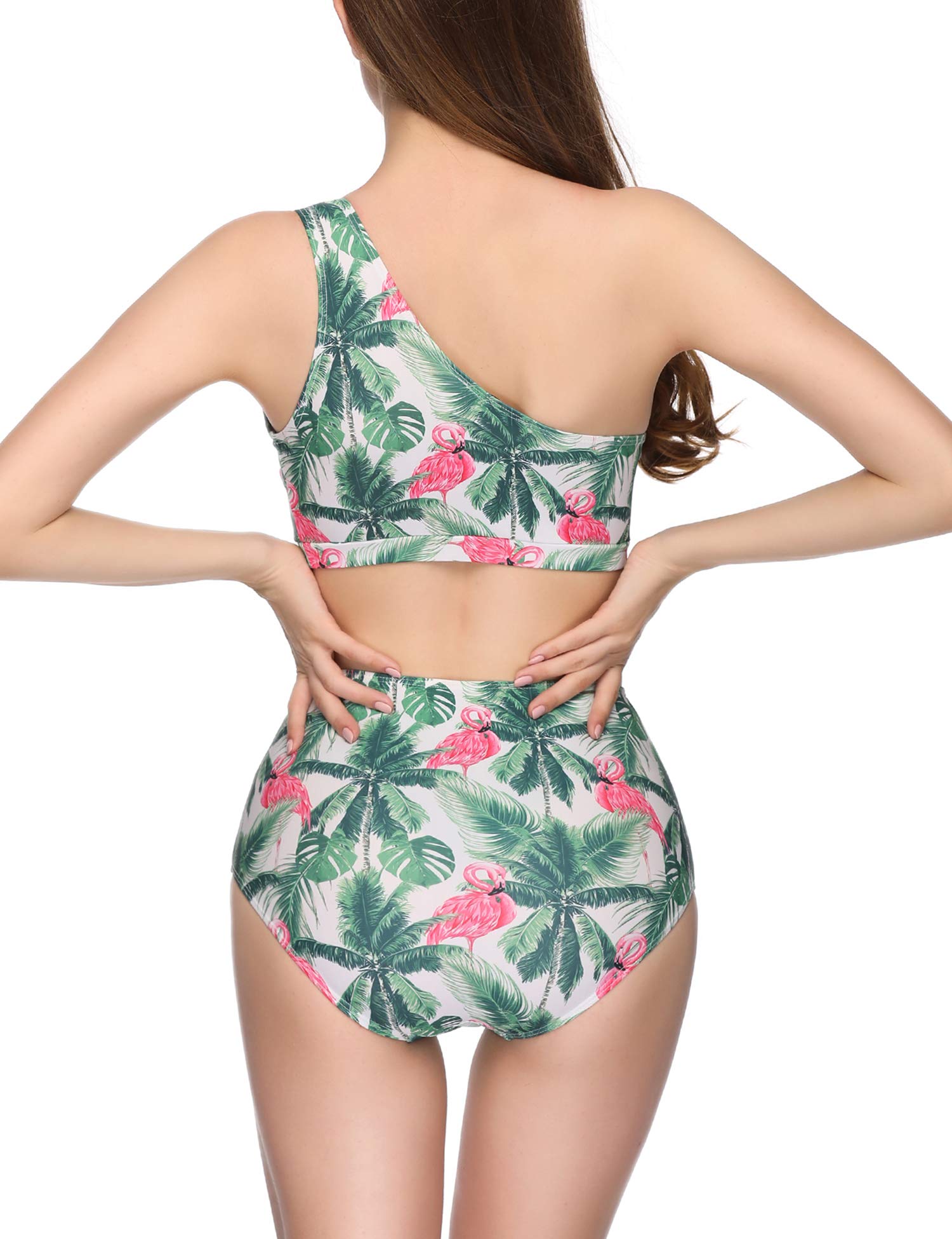 Verano Playa Women Bathing Suit Tropical Plant Floral Printed One Shoulder Top High Waisted Bottom Two Piece Swimsuit