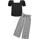 Arshiner Girls 2 Pieces Outfits Kids Square Neck Puff Sleeve Tops and Pants Set with Pockets 6-14 Years