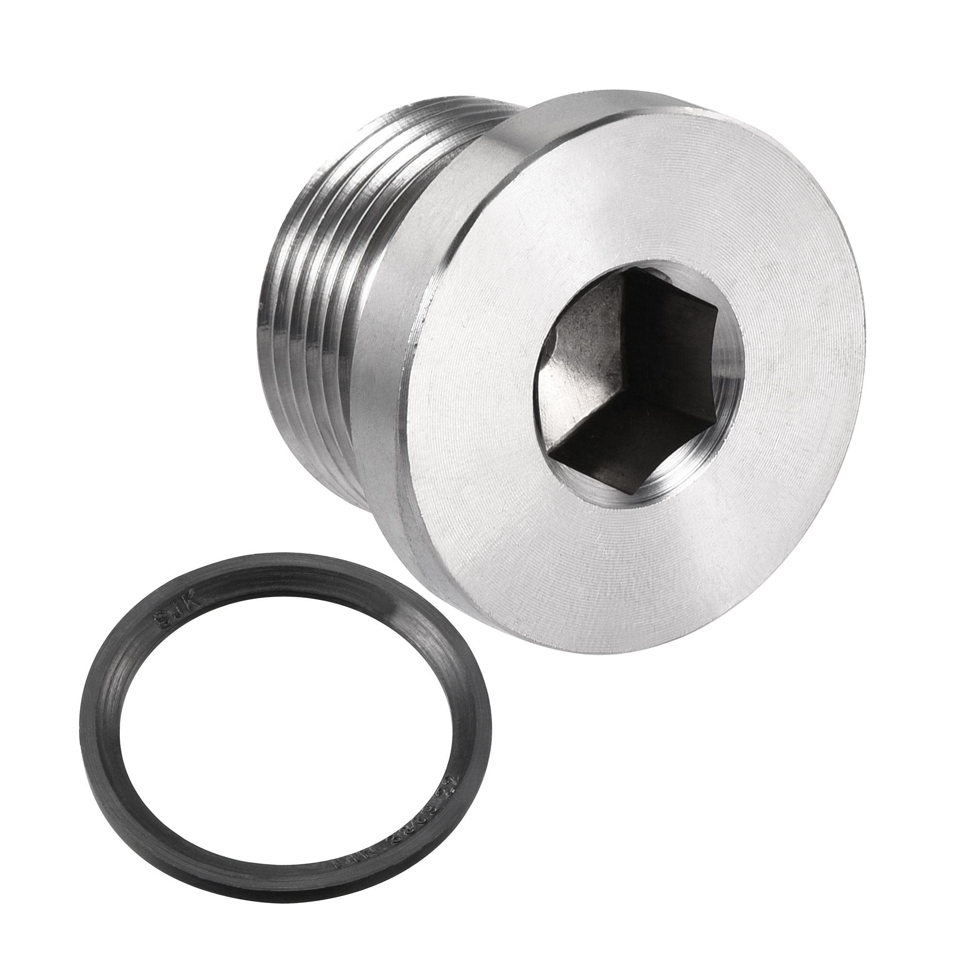 sourcing map Stainless Steel Inner Hex Head M22x1.5 Pipe Fitting Plug with Seal Ring for Terminate Pipe Ends — image 1