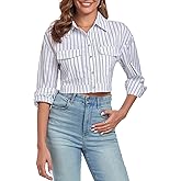 FIOPHY Women's Button Down Shirt Cropped Drop Long Sleeve Crop Blouse Collared Shirt with Chest Pocket