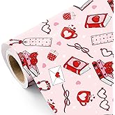 WRAPAHOLIC Valentines Day Wrapping Paper Roll - Mini Roll - 17 Inch x 16.5 Feet - Pink Love Hearts, Roses, Book Wrapping Paper, Perfect for Valentine’s Day, Wedding, Anniversary