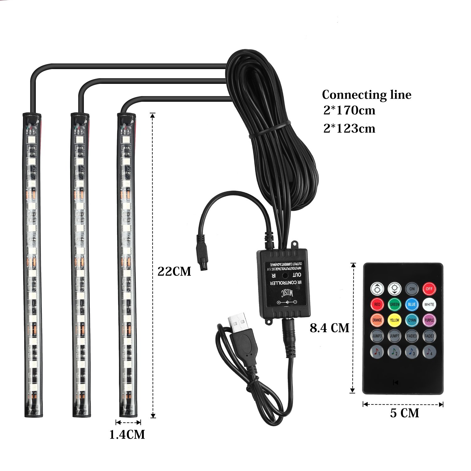 Guaiboshi Luz Interior Coche 4 Piezas 48 lámparas USB Auto Interior Atmósfera Iluminación Ambiente Tira de Luz Impermeable IP65 Música Activada kit
