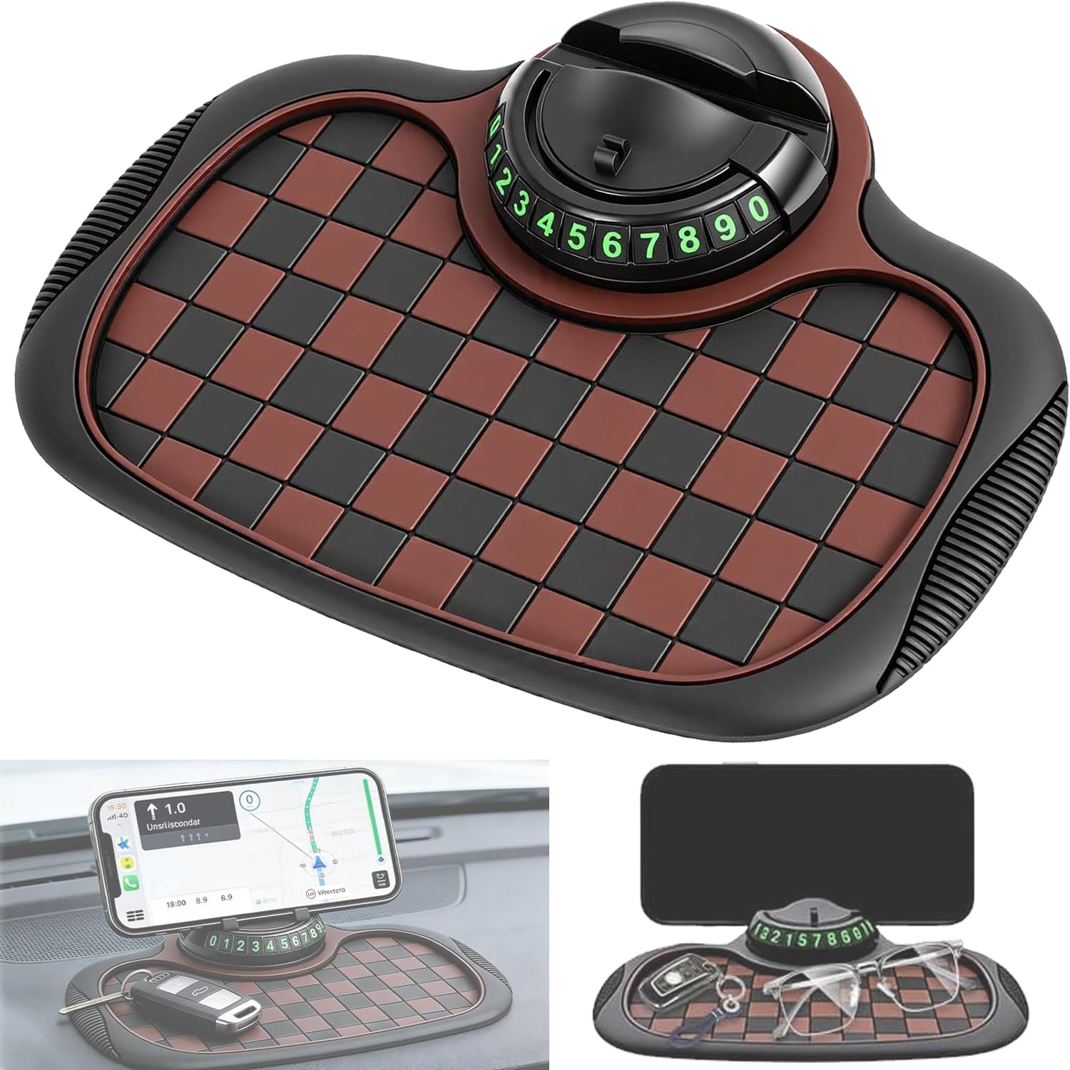 Multifunction Car Anti Slip Mat,Multi-Functional Support Anti-Slip Pad,360° Rotatable Phone Holder Car Dashboard Mat with Temporary Parking Number Plate PVC Grid Style Mat