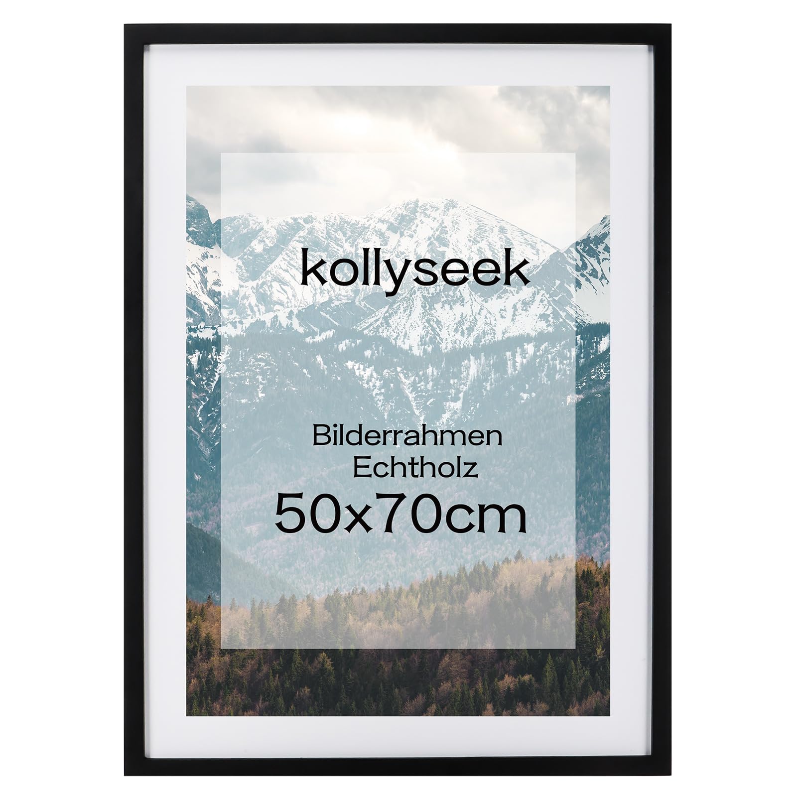 kollyseek Picture Frame 50 x 70 cm Black Real Wood with Mount Pine Wood Frame with Shatterproof Acrylic Glass Pine Wood Photo Frame Black Picture Frame Picture Frame Room Decoration