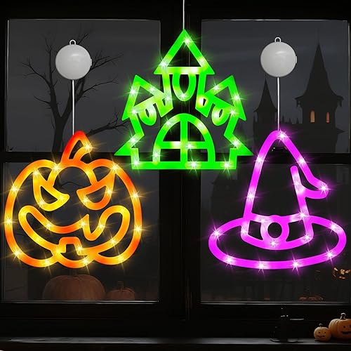Halloween Decorations Window Light: Set of 3 LED Lights for Windows Battery Operated Indoor Pumpkin Halloween Decor for Home, Party, Shop Display (Style A)