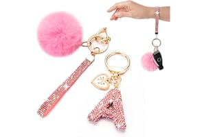 HONYJOOM Initial Letter Keychain for Women Girl Bling Rhinestone Sparkly Bag Backpack Purse Charm Cute Pom Pom Key Chain Wristlet