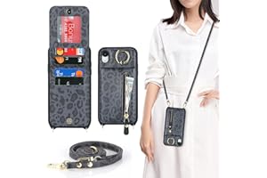 DEYHU iPhone XR Phone Case with Card Holder for Women, iPhone XR Case Wallet with Strap Credit Card Slots Crossbody with Kickstand Zipper Case for iPhoneXR - Black Leopard