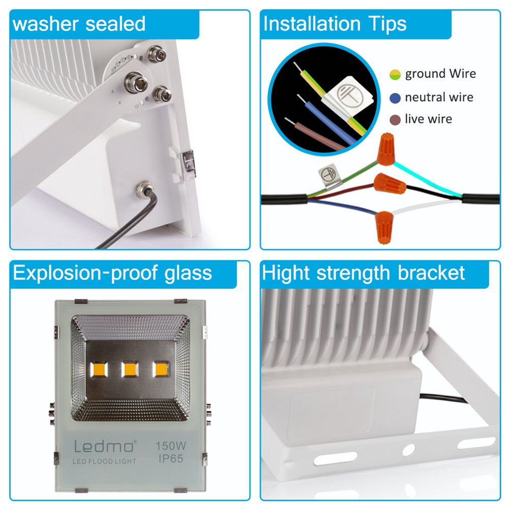 LEDMO 150W LED Flood Light Outdoor, NEW VERSION 750W Equivalent Waterproof IP65 85-265v Instant On UL and DLC 12000Lm, 3000K, Outdoor Floodlight for Garage, Garden, Lawn and Yard