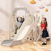BIERUM Toddler Slide and Swing Set, 7 in 1 Indoor Outdoor Toddler Playset | Toddler Slide and Swingset with Climber, Basketball Hoop &amp; Golf Toys, Baby Slide Playground for Kids Ages 1-3