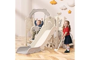 BIERUM Toddler Slide and Swing Set, 7-in-1 Indoor Outdoor Toddler Playset with Climber, Basketball Hoop & Golf Toys, Playground for Kids Ages 1+, Cream&Gray
