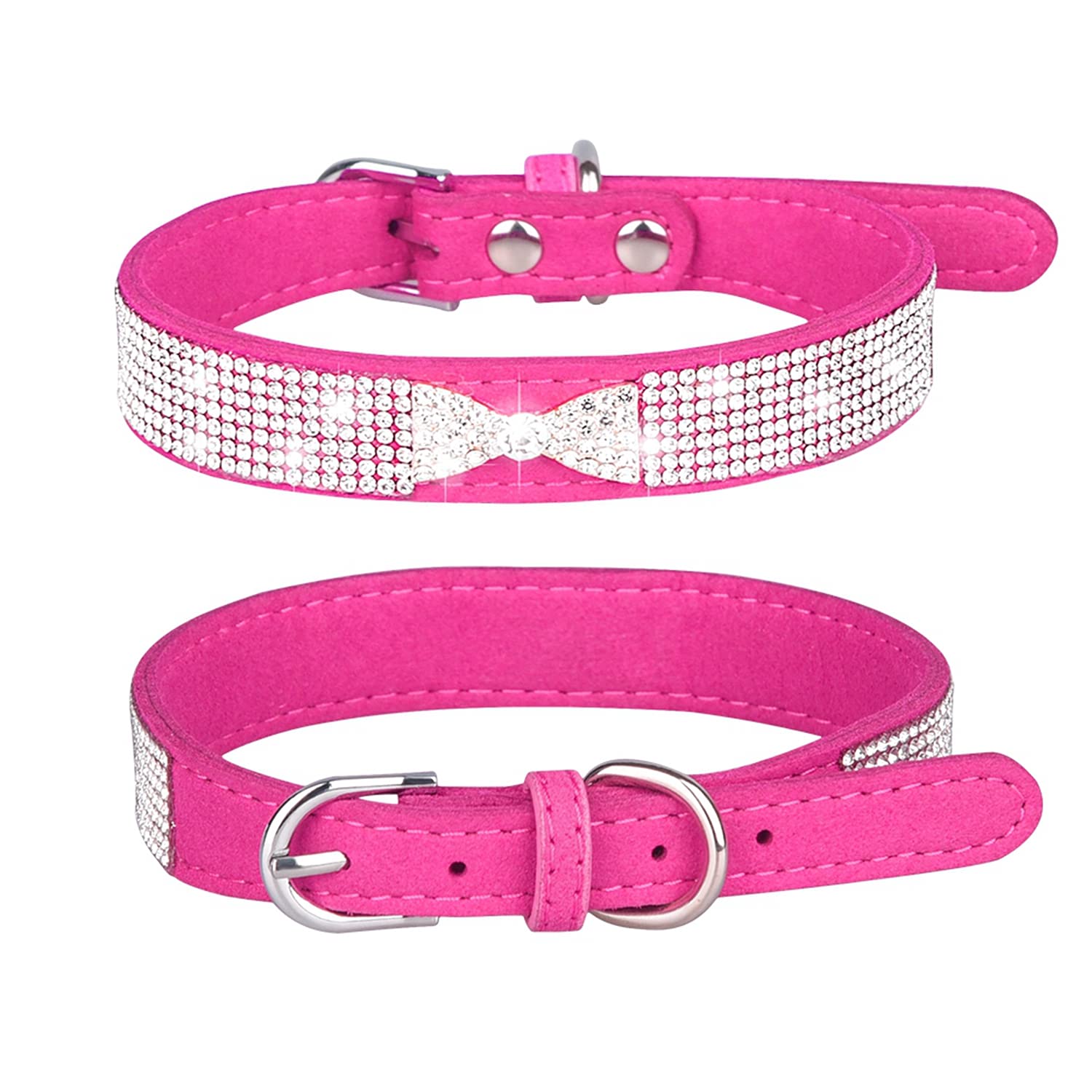 Haoyueer Rhinestone Dog Collar, Cute Dazzling Sparkling Soft Suede Leather Dog Cat Rhinestone Collar Crystal Diamond Pet Dog Puppy Collar (M, Hot Pink-3)