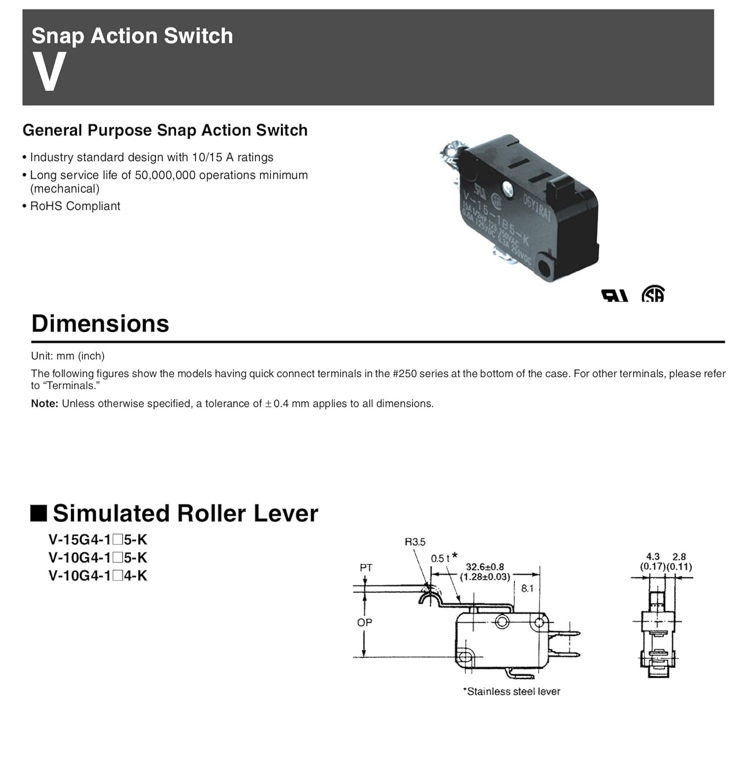 OMRON ELECTRONIC COMPONENTS V-10G4-1C24-K MICRO SWITCH, ROLLER LEVER SPDT  10A 250V: Amazon.com: Industrial & Scientific